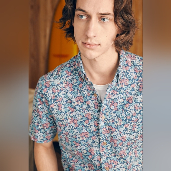 💘Faherty Short-Sleeve Breeze Shirt Linen Blend in Seafoam Beach Blossom Size XL - Picture 3 of 10